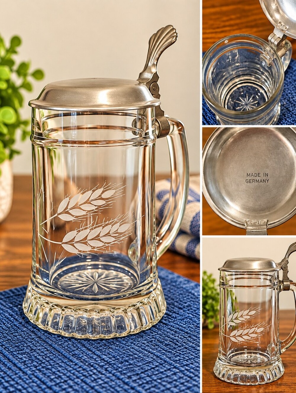 Vintage Wheat Etched Glass Stein with Lid – Made in Germany